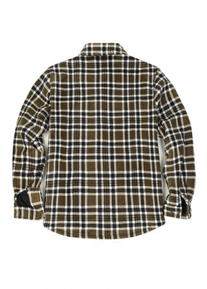 Back view of brown white men's cozy plaid sherpa lined shirt jacket