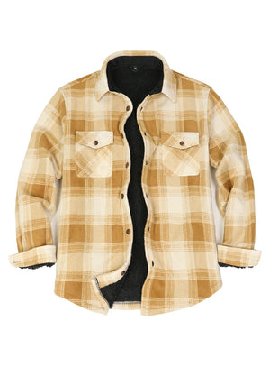 Front view of yellow khaki men's sherpa lined shacket