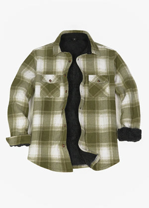 Front view of light green white men's sherpa lined shacket 