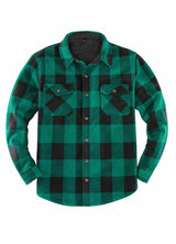 Front view of button closed green men's sherpa lined plaid shirt jacket