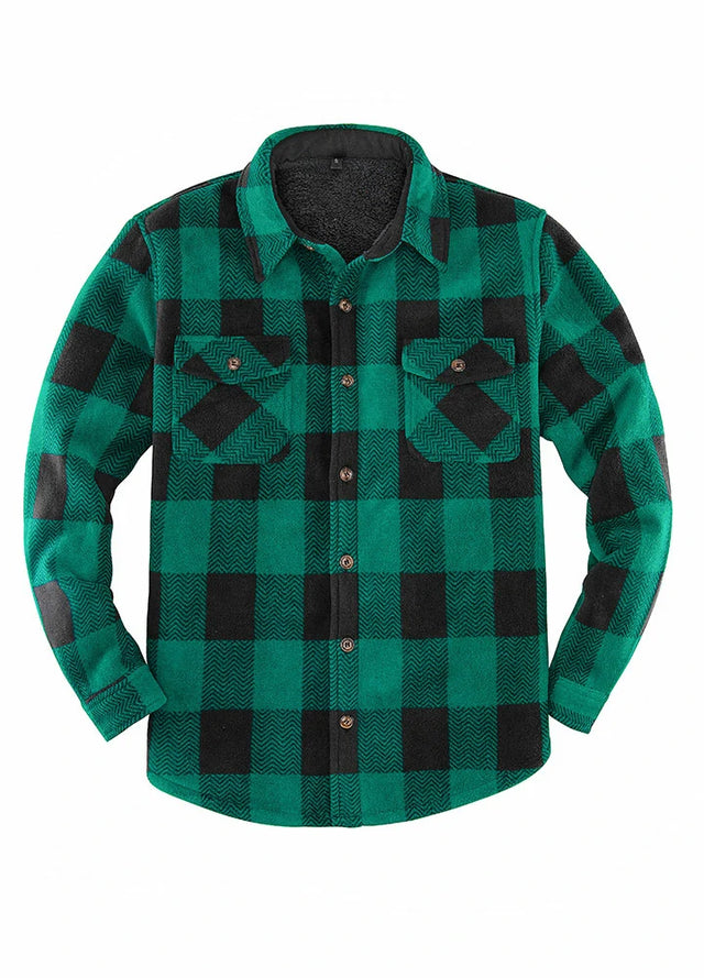 Front view of button closed green men's sherpa lined plaid shirt jacket