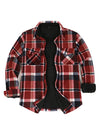 Front view of red and white men's sherpa lined shacket 