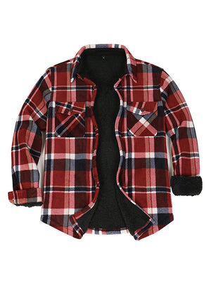 Front view of red and white men's sherpa lined shacket 