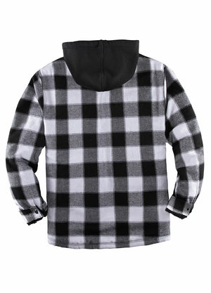 Back view of the black and gray men's winter flannel shacket with a hood