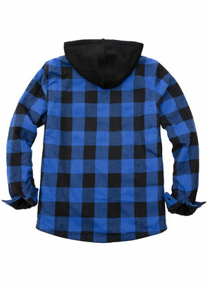 Back view of blue black men's sherpa lined flannel jacket with hood