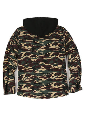 Back view of men's camouflage zipper flannel hooded shacket 