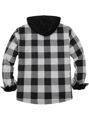 Back view of gray mens sherpa lined flannel hooded jacket 