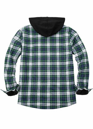 Back view of green and white men's stylish flannel hooded jacket