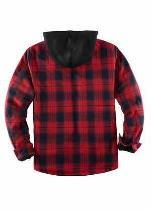 Back view of red and black men's warm flannel hoodie with sherpa lining 