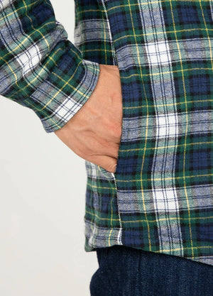 Close-up of a man wearing a green and white men's stylish flannel jacket with his hands in his pockets