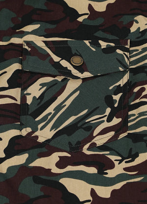 Close-up of the pocket of mens camouflage zipper flannel hooded shacket