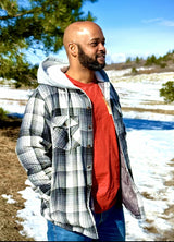 Men's Quilted Lined Button Down Plaid Flannel Shirt Jacket with Hood