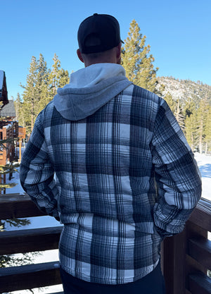 Men's Quilted Lined Button Down Plaid Flannel Shirt Jacket with Hood