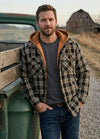 Front view of a man wearing a yellow black men's thicken plaid hooded flannel jacket with quilted lined-XR105AYB-M,XR105AYB-L,XR105AYB-XL,XR105AYB-XXL