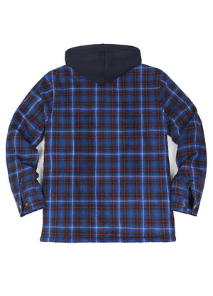 Back view of the blue red quilt-lined warm flannel hooded plaid jacket for men
