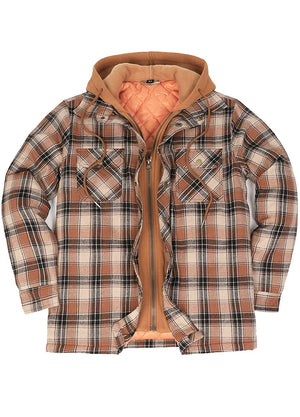 Front view of a brown black quilted lined flannel shacket for men