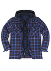 Front view of the blue red quilt-lined warm flannel hooded plaid jacket for men