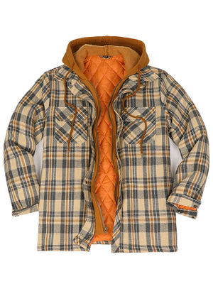 Front view of a men's khaki gray men's quilted lined flannel shirt hooded