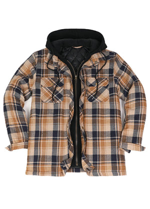 Front view of a latte navy men's plaid quilted lined hoodie 