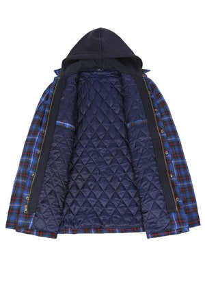 Front view of the lining of the blue red quilt-lined warm flannel hooded plaid jacket for men