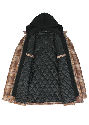 Front view of the lining of a coffee khaki men's plaid hooded with quilted lined
