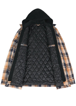 Front view of the lining of a latte navy cozy men's plaid quilted lined hoodie 