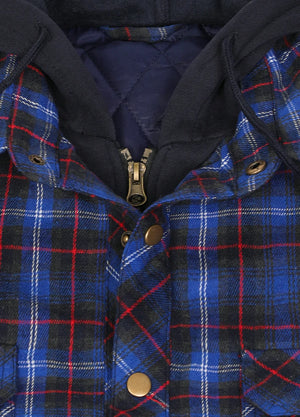 Detailed view of the neckline of the blue red quilt-lined warm flannel hooded plaid jacket for men