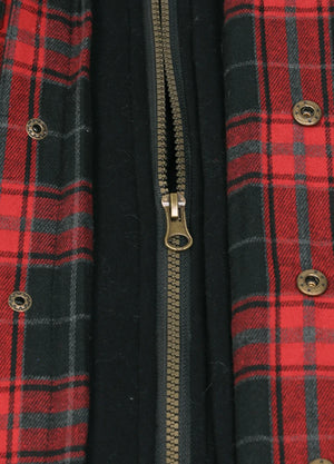 Close-up of the zipper of a red black durable quilted lined flannel shacket for men