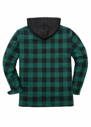 Back view of green buffalo plaid men's quilted lined plaid flannel shacket