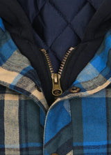 Close-up of the zipper of bluescape plaid men's plaid hooded flannel shirt jacket 