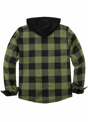 Back view of army green men's sherpa lined flannel hooded 