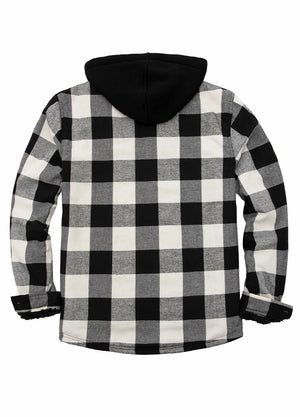 Back view of black beige men's war zipper flannel jacket with hood 