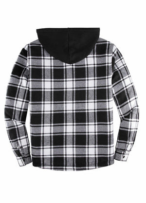 Back view of a black and white men's hooded sherpa-lined jacket 