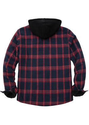 Back view of black red men's sherpa lined plaid flannel jacket