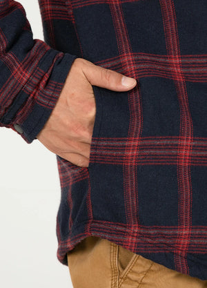 Close-up of the hand pocket of black red men's cozy sherpa lined flannel jacket with a hood