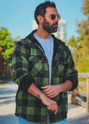 Men's Sherpa Lined Flannel Shirt Jacket with Hood,Plaid Shirt-Jac