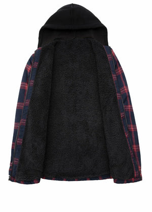Front view of black red men's sherpa lined flannel jacket with hood