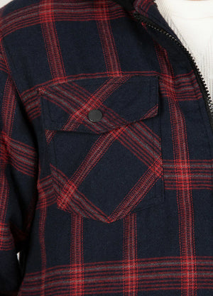 Close-up of the pocket of black red men's warm sherpa lined flannel jacket with hood 
