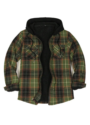 Front view of green and gray zip-up sherpa-lined plaid flannel jacket for men