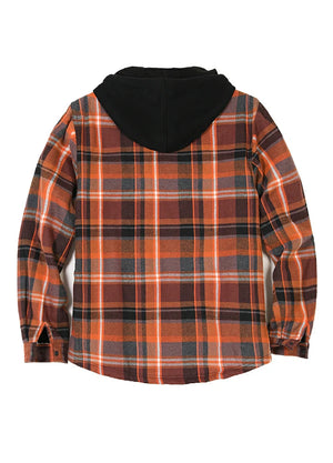 Back view of black and brown zipper sherpa lined plaid hooded jacket for men