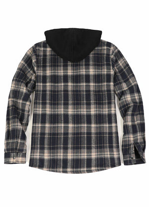 Back view of navy khaki men's plaid flannel hooded jacket