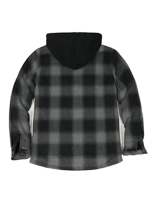 Back view of the light gray men's warm sherpa lined flannel plaid jacket
