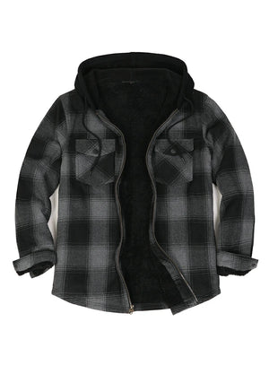 Front view of light gray men's sherpa lined flannel plaid jacket 