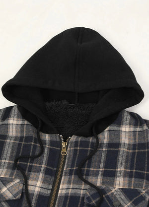 Close-up of the hood of the navy khaki men's plaid flannel hooded jacket