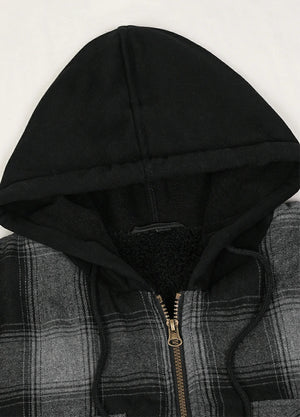 Close-up of the hood of the light gray men's sherpa lined flannel plaid jacket 