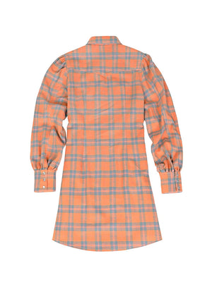 Back view of women's orange long-sleeve snap flannel plaid shirt dress