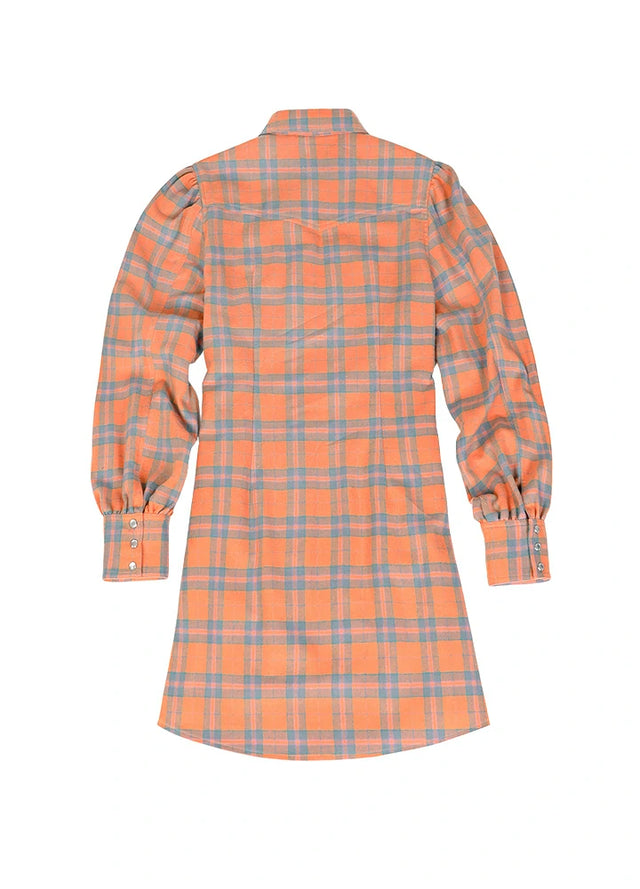 Back view of women's orange long-sleeve snap flannel plaid shirt dress