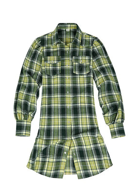 Front view of a women's western pearl snap green flannel shirt dress
