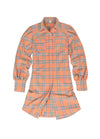 Front view of a women's western pearl snap orange flannel shirt dress