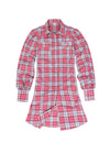 Front view of a women's western pearl snap pink flannel shirt dress